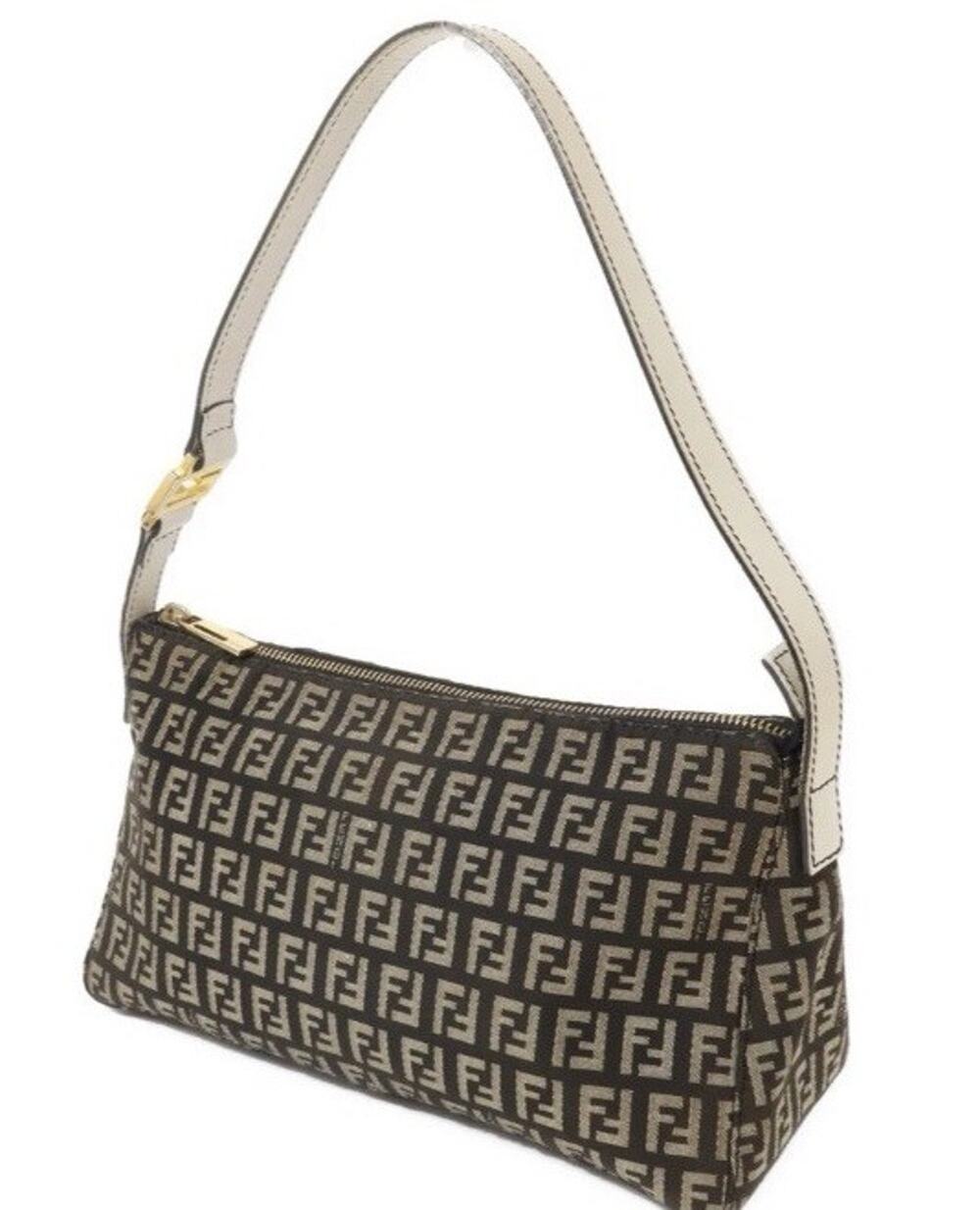 Fendi Zucca Brown Beige Zip Top Shoulder Bag Beige Leather Strap Gold HW